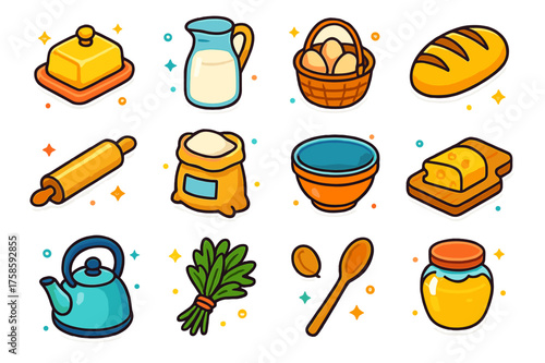 Farmhouse Kitchen Icons. Colorful isometric vector icons set of farmhouse kitchen life: butter dish, milk jug, egg basket, loaf of bread, rolling pin, flour
