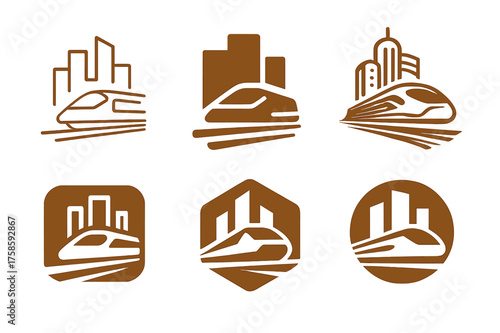 Maglev Train Logos. Future of transportation. Set Logo of Future of transportation: Maglev train slicing through a cityscape. harmonious logo variations of the