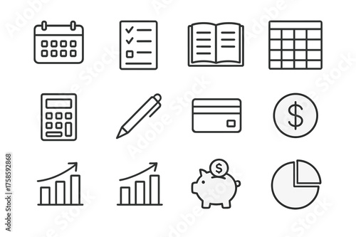 Budget Planning Icons. Budget planning. Line icon set of Budget planning: calendar, checklist, ledger, spreadsheet, calculator, pen, bank card, dollar sign,