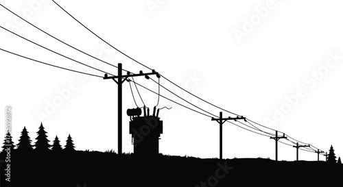 Silhouette of electric utility poles with high voltage power lines and transformer on countryside hill, rural electricity transmission and energy distribution vector illustration