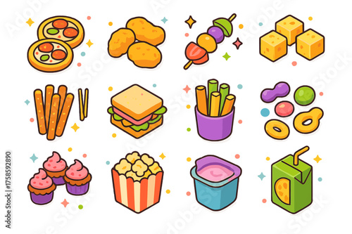 Colorful Kids Snack Icons. Kids snacks. Colorful isometric vector icons set of kids snacks: mini pizzas, chicken nuggets, fruit kabobs, cheese cubes, pretzel