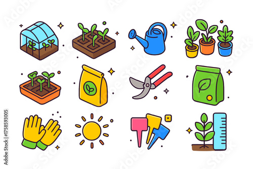 Isometric Indoor Gardening Icons. Indoor gardening. Colorful isometric vector icons set of indoor gardening: greenhouse plants, seedlings, watering can, potted