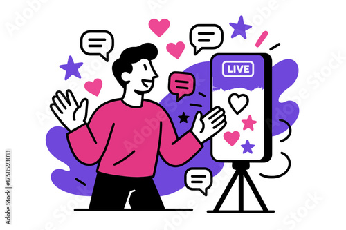 Interactive Live Stream. Live streaming. A person speaking in front of a glowing phone on a tripod, abstract hearts, comments, and stars floating upward to