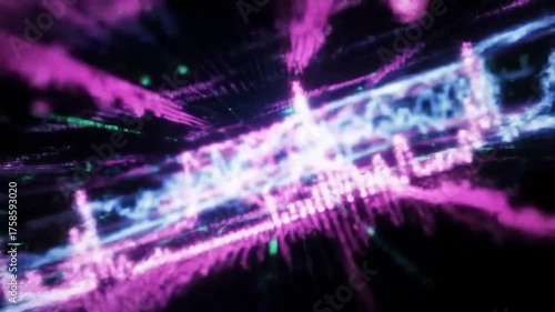 Abstract digital wave patterns flow through a dark, futuristic network.