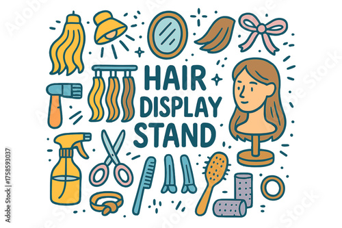 Doodle Hair Tools Display. Hair Display Stand. Hand-drawn doodle illustration of Hair Display Stand. hair