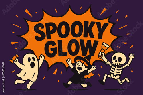 SpookyGlow Candy Adventure. SpookyGlow banner, flat vector illustration, bold oversized text inside comic burst, cartoon characters jumping and shouting near