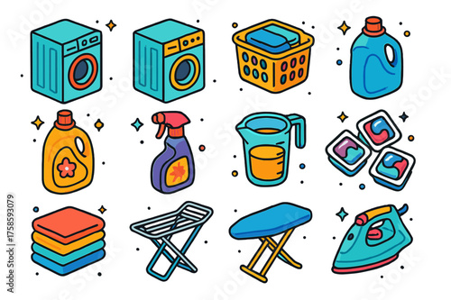 Laundry Icons Collection. Colorful isometric vector icons set of laundry care tools: washing machine, dryer, laundry basket, detergent bottle, fabric softener,