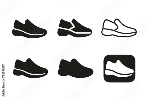 Fashion Comfort Logos. Fashion for comfort. Set Logo of Fashion for comfort: Slip-on sneakers with cushioned sole. harmonious logo variations of the same