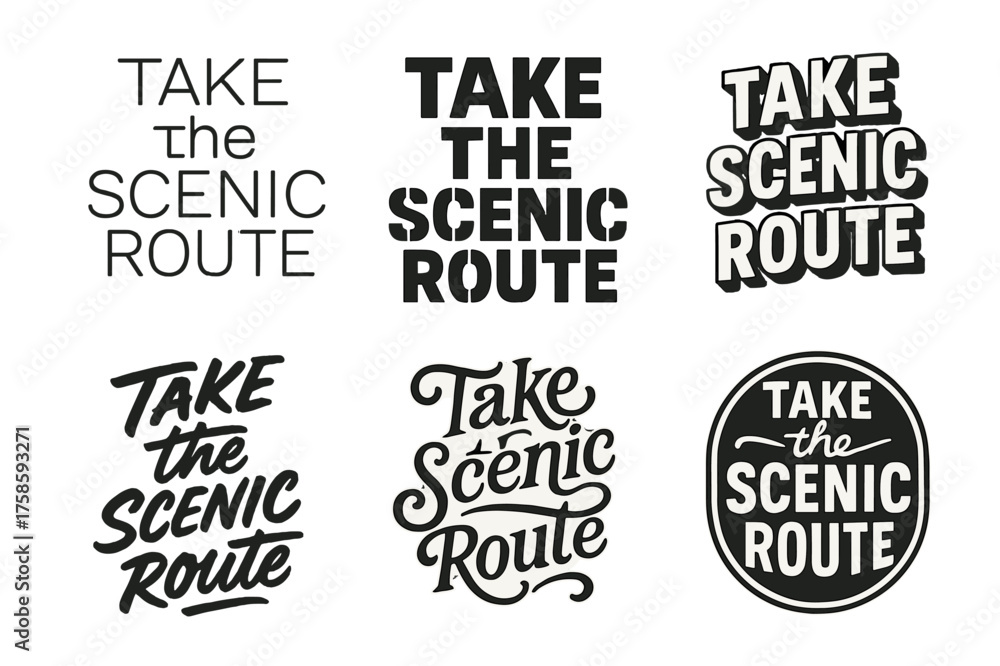 Fototapeta premium Diverse Lettering Styles. Take the scenic route. Set lettering. harmonious lettering variations of the same emblematic concept, each with different artistic