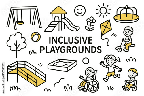 Inclusive Playground Fun. Inclusive Playgrounds. Hand-drawn doodle illustration swing (colored), slide, wheelchair ramp (colored), sandbox, ball (colored),