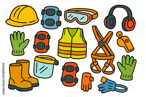 Colorful Safety Gear Icons. Safety gear. Colorful Hand-drawn doodle Children illustration helmet, knee pads, elbow pads, safety goggles, reflective vest, ear