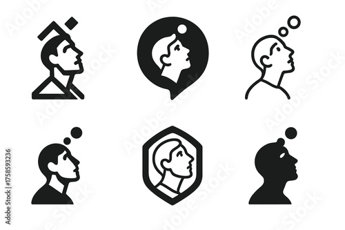 Thoughtful Gaze Logos. A person with a thoughtful expression, looking up as if contemplating their thoughts. Set Logo of Emotion: upward gaze icon. harmonious