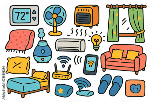 Colorful Comfort Icons. Comfort. Colorful Hand-drawn doodle Children illustration Thermostat, fan, heater, air conditioner, humidifier, blanket, pillow, bed,