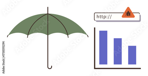 Green umbrella symbolizing protection, warning alert with bug icon, and bar graph. Ideal for cybersecurity, data protection, risk management, safety measures, technology, privacy and online threats