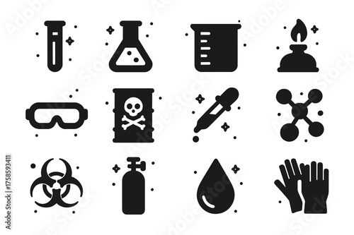 Chemistry Lab Icons. Chemistry. Solid icons set of Chemistry: test tube, chemical flask, beaker, burner, safety goggles, hazard barrel, pipette, molecular