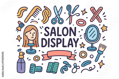 Vibrant Salon Doodles. Salon Display. Hand-drawn doodle illustration of Salon Display. mannequin head, hair