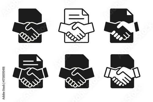 Corporate Finance Logos. Corporate finance. Set Logo of Corporate finance: Mergers & Acquisitions handshake with documents. harmonious logo variations of the