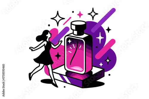 Glowing Perfume Showcase. Exclusive showcase. A glowing perfume bottle displayed on a mirrored platform, abstract sparkles and floating light beams showing