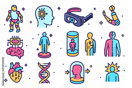 Transhuman Icons Collection. Colorful isometric vector icons set of transhumanism: robotic exoskeleton, neural implant, AI-enhanced vision goggles, robotic