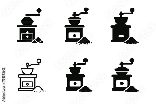 Coffee Ritual Logos. Morning coffee ritual. Set Logo of Morning coffee ritual: Vintage hand grinder and grounds. harmonious logo variations of the same