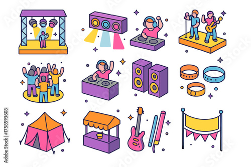 Isometric Concert Icons. Concert stage. Colorful isometric vector icons set of concert stage: stage lights, performers, crowd, DJ booth, speakers, tents, food