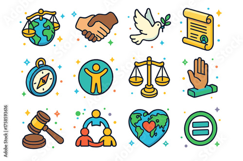 Global Ethics Icons. Colorful isometric vector icons set of global ethics: globe with scales, handshake of diverse hands, peace dove, universal declaration