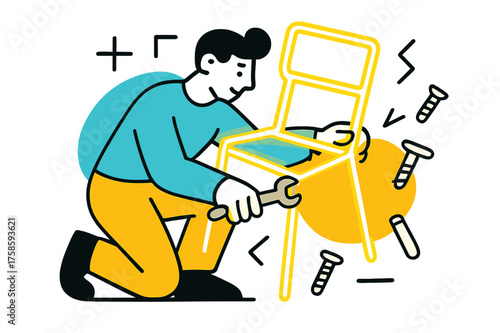 Glowing Chair Assembly. Assembling chair. A person tightening a glowing chair frame with a wrench, floating screws and parts align like abstract symbols of