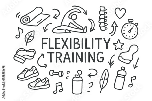 Flexibility Training Elements. Flexibility Training. Hand-drawn doodle illustration of Flexibility Training.