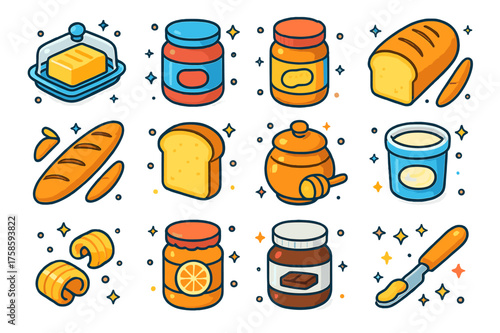 Bread and Spread Icons. Colorful isometric vector icons set of bread and spreads: butter dish, jam jar, peanut butter jar, loaf of bread, baguette, toast