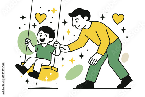 Joyful Family Playtime. Family playtime. A parent pushing a child on a glowing swing, abstract floating hearts and sparkles showing love and connection. Modern