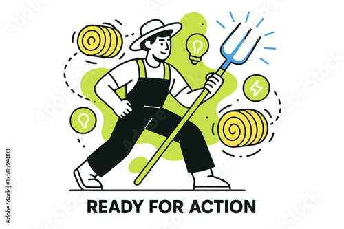Energetic Farmwork Scene. Pitchfork handle. Character preparing glowing pitchfork for abstract farm work with