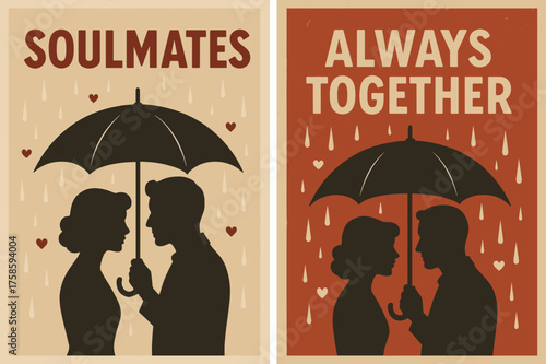 Soulmates Under Umbrella. Soulmates. Two vertical A6 banners, retro, red and beige backgrounds, two silhouettes sharing an umbrella with soft raindrops and