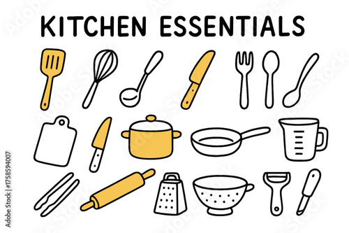 Kitchen Tools Doodle. Kitchen Essentials. Hand-drawn doodle illustration kitchen essentials spatula (accented), whisk, ladle, spoon, fork, knife (accented),