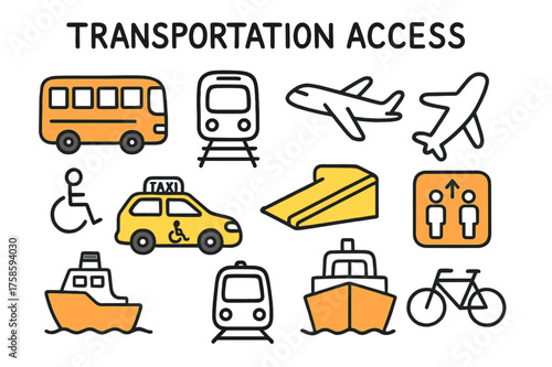 Transportation Doodle Icons. Transportation Access. Hand-drawn doodle illustration bus (colored), train, accessible taxi (colored), airplane, ramp (colored),