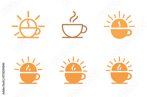 Morning Coffee Logos. Morning coffee ritual. Set Logo of Morning coffee ritual: Sunrise behind a steaming cup. harmonious logo variations of the same