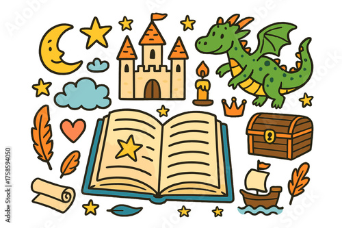 Magical Storybook Adventure. Storytelling. Colorful Hand-drawn doodle Children illustration Open book, castle, dragon, star, moon, candle, quill, scroll,