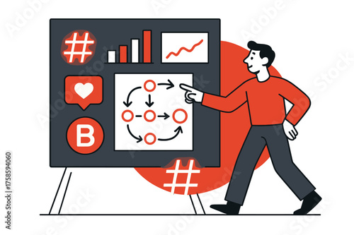 Social Media Strategy Board. Social strategist. A giant board filled with glowing hashtags, graphs, and brand logos. A character points to a plan with arrows