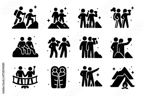 Mountain Couples Icons. Couples in the mountains. Solid icons set of couple climbing, couple at peak, couple with hiking sticks, couple resting on rock, couple