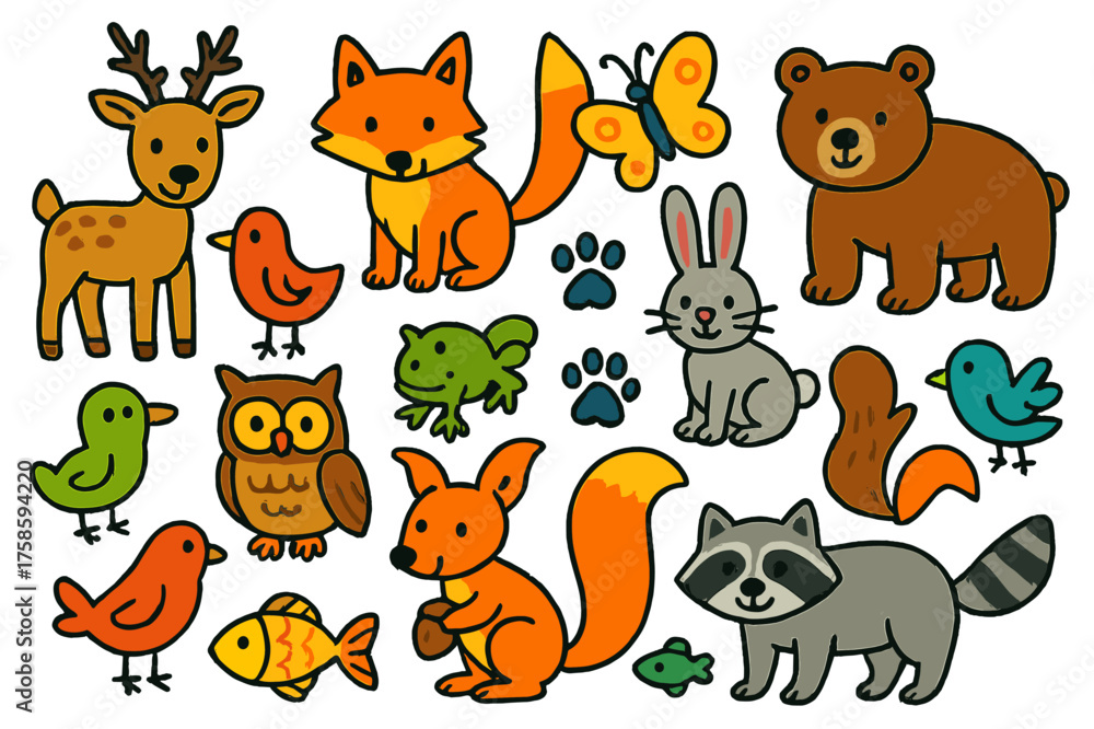 Obraz premium Colorful Animal Doodles. Animals. Colorful Hand-drawn doodle Children illustration Deer, fox, rabbit, bear, wolf, squirrel, owl, hedgehog, butterfly, bird,