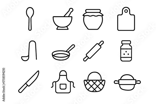 Traditional Kitchen Icon Set. Traditional kitchen. Line icon set of Traditional kitchen: wooden spoon, mortar and pestle, clay pot, chopping board, ladle,