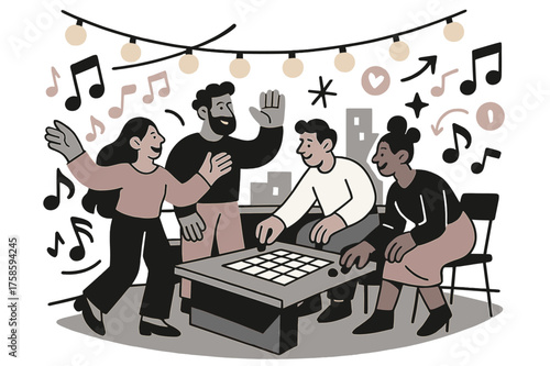 Vibrant Rooftop Gathering. Rooftop community. Neighbors chatting and playing games on a shared flat roof terrace, string lights glowing above. Abstract music