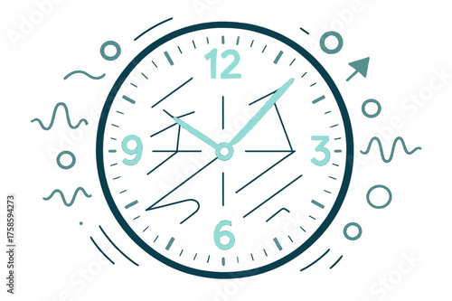 Dynamic Clock Elements. Ticking clock close-up. Glowing clock hands and numbers, abstract floating sound waves and geometric lines highlighting each tick in a