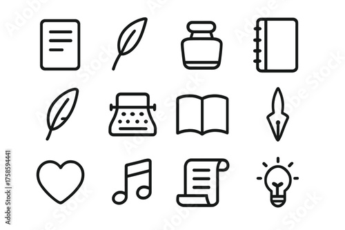 Literary Icon Set. Literary inspiration. Line icon set of Literary inspiration: sheet of paper, quill pen, ink bottle, notebook, feather, typewriter, open