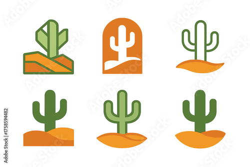 Desert Tourism Logos. Desert tourism and exploring arid landscapes. Set Logo of Desert tourism: cactus plant. harmonious logo variations of the same emblematic