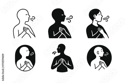 Breathing Logo Variations. Breathing and oxygen. Set Logo of Breathing and oxygen: Person practicing deep breathing (silhouette). harmonious logo variations of