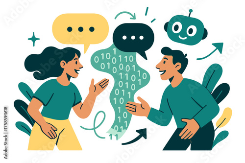Dynamic Speech Bubbles. Natural language processing. Characters talking with speech bubbles that transform into glowing binary code. Floating chatbot icon with
