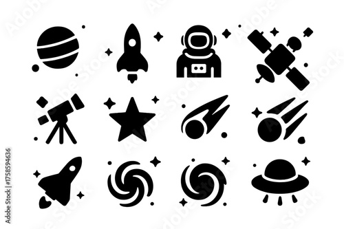 Space Icon Set. Space. Solid icons set of space: planet, rocket, astronaut, satellite, telescope, star, comet, meteor, space shuttle, galaxy swirl, black hole,