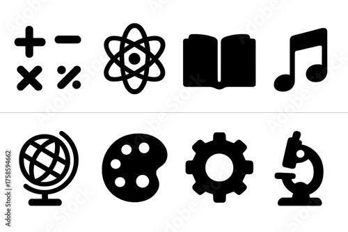 Educational Icon Set. Subjects. Filled icon set of Subjects: math symbols, atom, book, music note, globe,