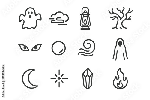 Ghostly Icon Set. Ghostly scene. Line icon set of Ghostly scene: ghost figure, fog, glowing lantern, haunted tree, spectral eyes, floating orb, mist swirl,