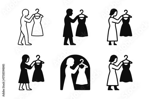 Boutique Logo Variations. A person browsing through racks of clothes in a stylish boutique. Set Logo of A person browsing through racks of clothes in a stylish